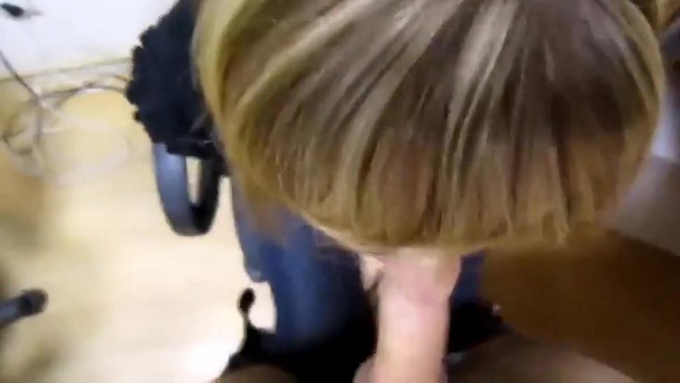 Blonde assistent sucks her manager and swallows cum