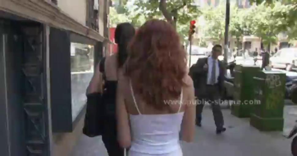 Redhead whore walked on streets then fucked in public bondage by