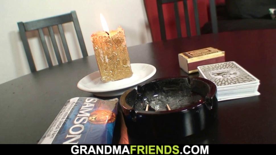 GRANDMA FRIENDS - Hairy granny in black stockings takes double penetration