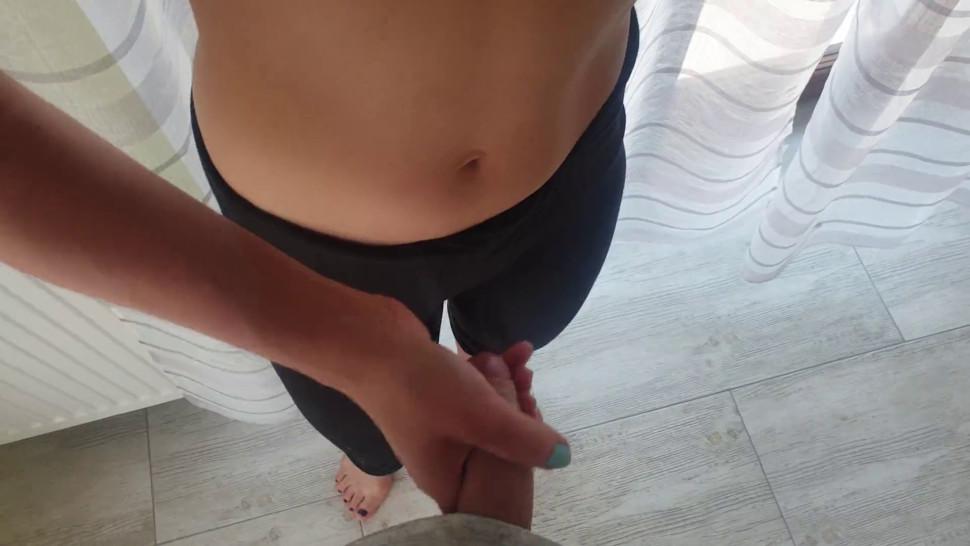 Horny young Wife Jerk off My Cook, Cum on Panties and Joging Shorts