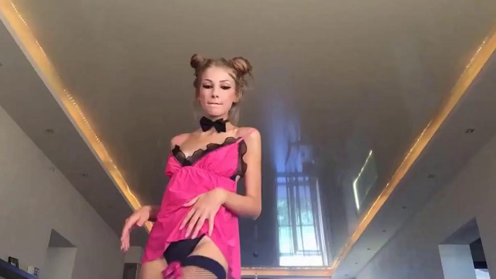 Slim cute girl tries to fist her pussy
