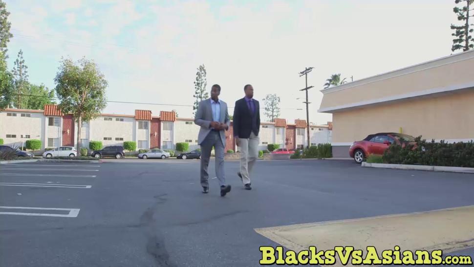 BLACKS VS ASIANS - Sexy brunette asian fucked by two big black dick dudes