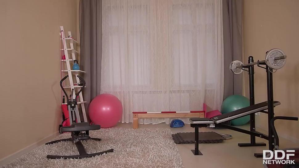 Czech girl fucking two guys at home gym