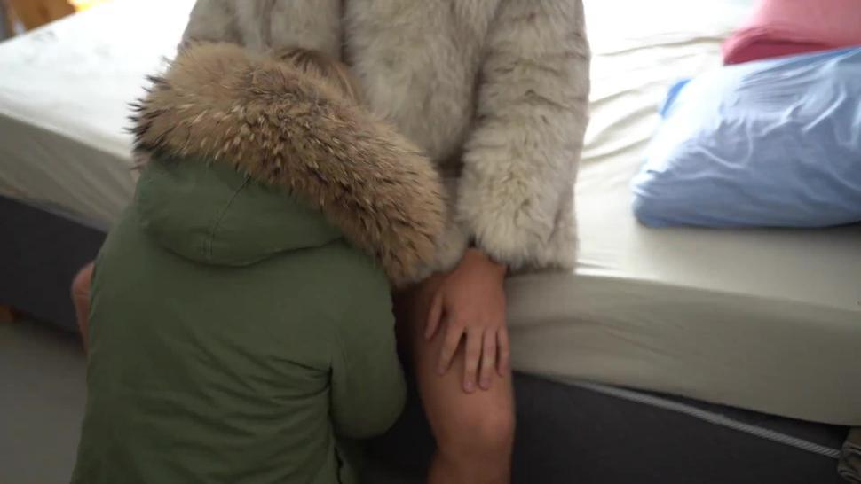 blowjob in fur hooded parka and white fox fur coat