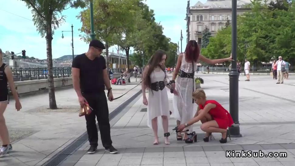 Tall and petite Euro slaves disgraced in public