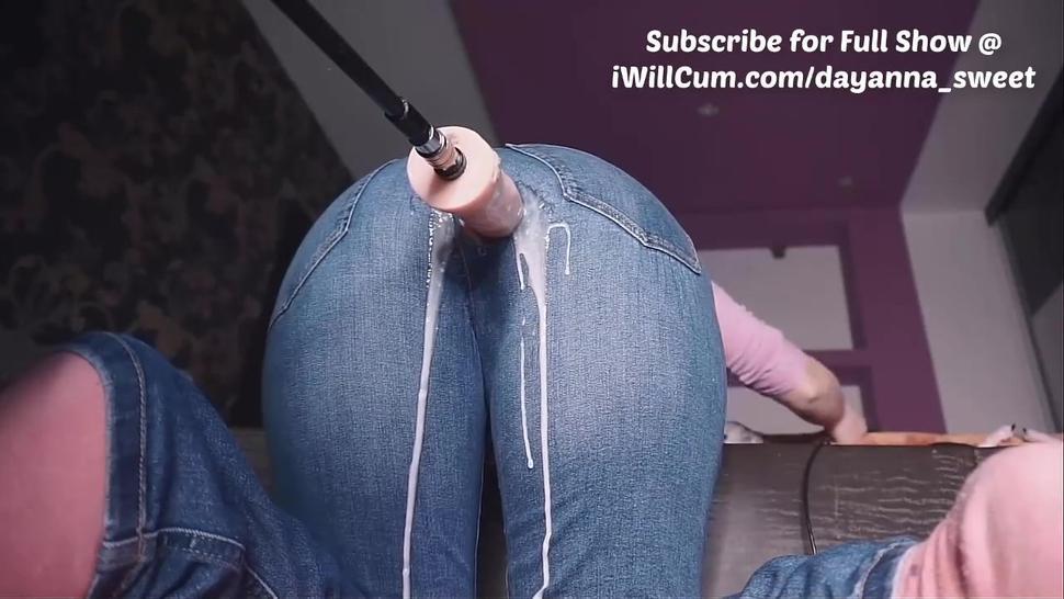 Creamy Squirt Dripping From Milf Jeans From Mechanical Cock