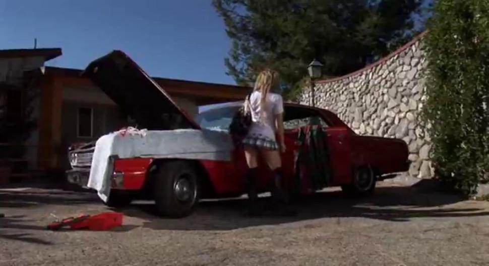Amazingly hot blonde teen fucked beside a red hot car