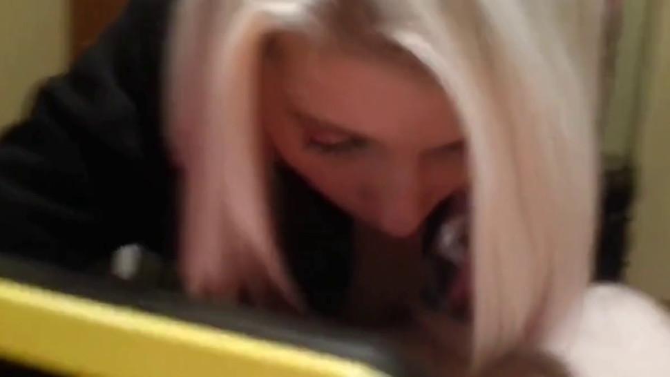 Hot blonde in wheelchair gives head and swallows cum