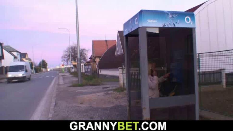 GRANNYBET - Old blonde granny rides strangers young cock