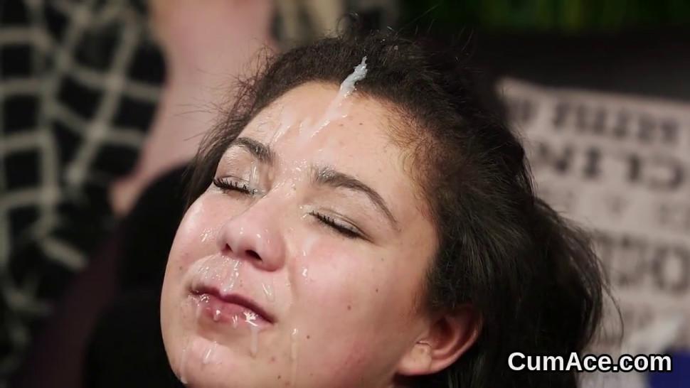 Peculiar babe gets cum shot on her face gulping all the semen