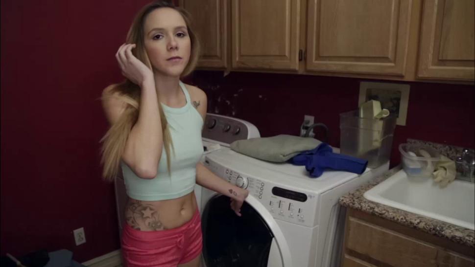 Hollie Mack gives stepbro blowjob in laundry room