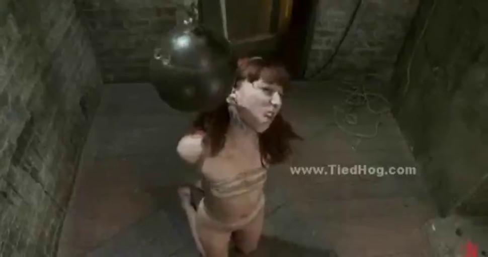 Tied sex slave is made to suck cock in rough deepthroat sex