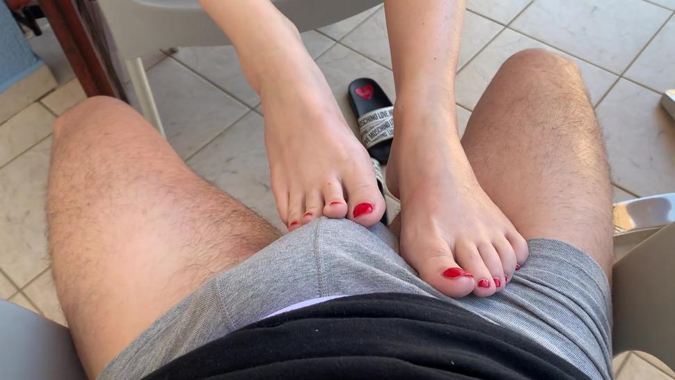 Interrupted Foot and Hand Job On The Balcony, Almost Got Caught!!