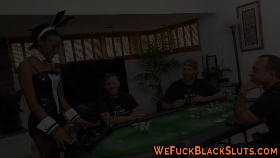 Black babe in white group gets bukkaked
