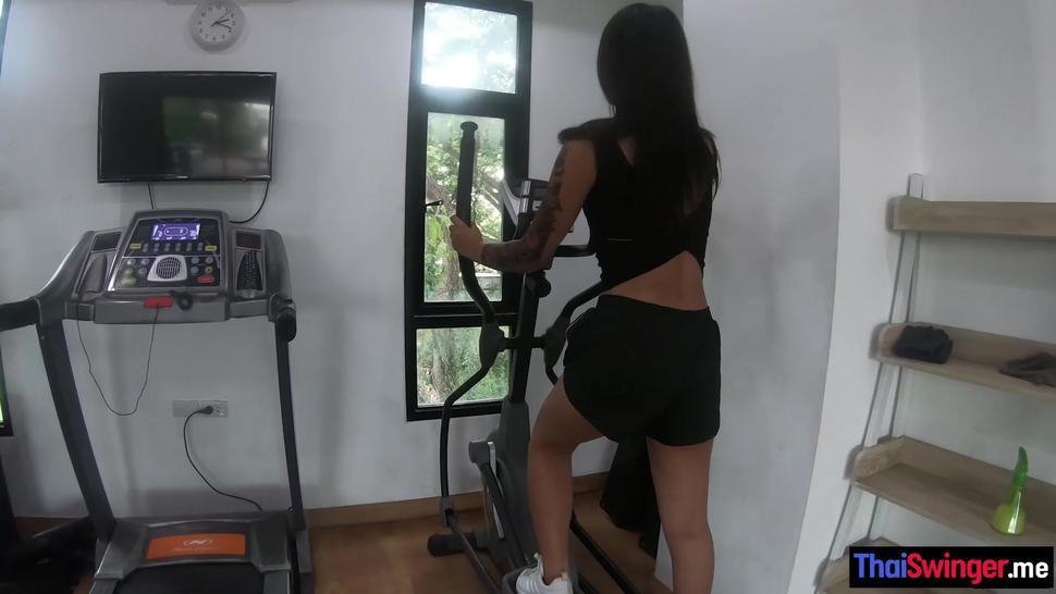 Petite tattooed Asian teen gave a perverted guy a handjob after hot workout