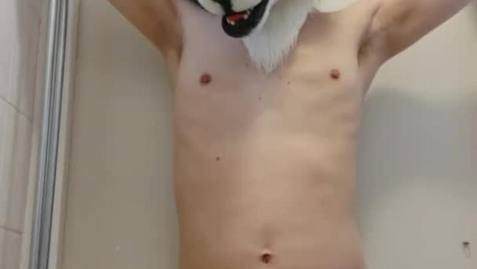 Bound pup holding his pee