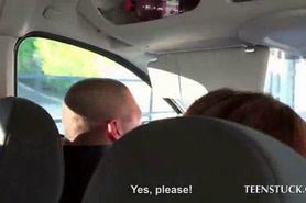 Teen cuties picked up and fucked in car 3some