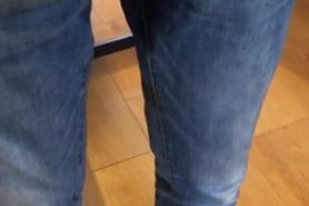 Young British twink lad pisses tight petite blue jeans