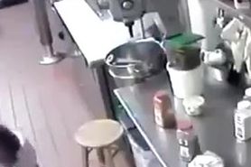 pervert waitress puts hotdog in her pussy