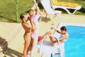 Three chicks secret loving by the pool - video 1