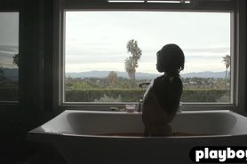 Horny ebony babe massage her wet black pussy after hot posing