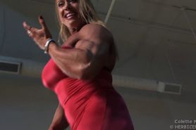 Big tit muscle beauty Colette flexes her erotic body in a tight red dress