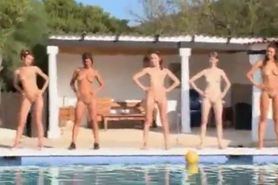 Six naked chicks by the pool from Russia