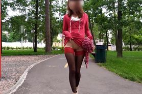 Sluty teen girl  walks in the park in a micro dress without panties (upskirt, no panties, stockings)