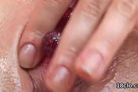 Innocent sweetie is gaping soft slit in close up and having orgasm