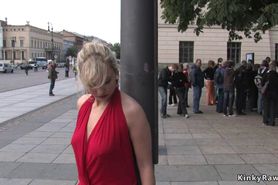Blindfolded blonde sucking in public