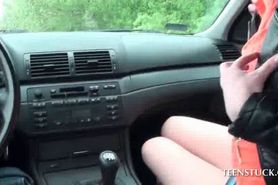 Curly blonde blowing loaded shaft in the car - video 1