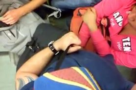 Perv woman touches man's bulge in train