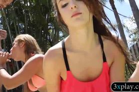 Two big ass college teen girls foursome sex outdoors