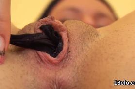 Kissable chick is gaping soft quim in close up and cumming