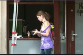 Cute girl flashes her tits on the streets and supermarket