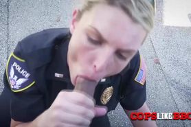Outdoors interracial threesome with blowjob and big boobs in uniform. Busty milfs