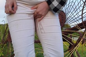 Watch me stand there and deliberately wet my white jeans again outdoors! They are so pee stained! )