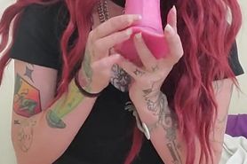 Tattooed Redhead Whore Practices Deepthroating Her Big Pink Dildo