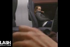 dickflash next to teen on train