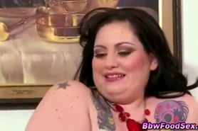Fat bbw girl has big tits eats food - video 1