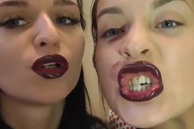 Lesbian lipstick kissing and teasing tongue/lips fetish