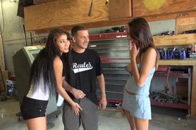 Tight brunette babe fucked by hard cock in car garage
