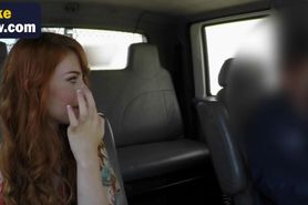 Young pale redhead drops panties and sucks big dick in fake tow truck
