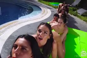 Russian Women form human centipede to give blowjob to a guy