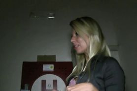 Blonde fucked and cummed in public building stairs