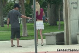 Busty blonde teen banging in the car in public