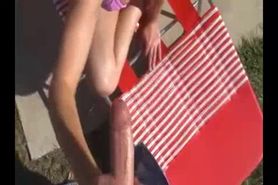 Sun-tanning Milf Spits and Slobbering Young Stud's Cock
