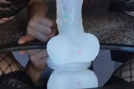 Reverse cowgirl riding my suction cup dildo