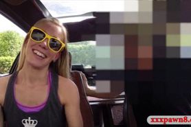Very slim blonde bimbo sells her car sells her sweet pussy