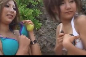 Shiho Kano and dolls play with vibrators on pussies on the beach